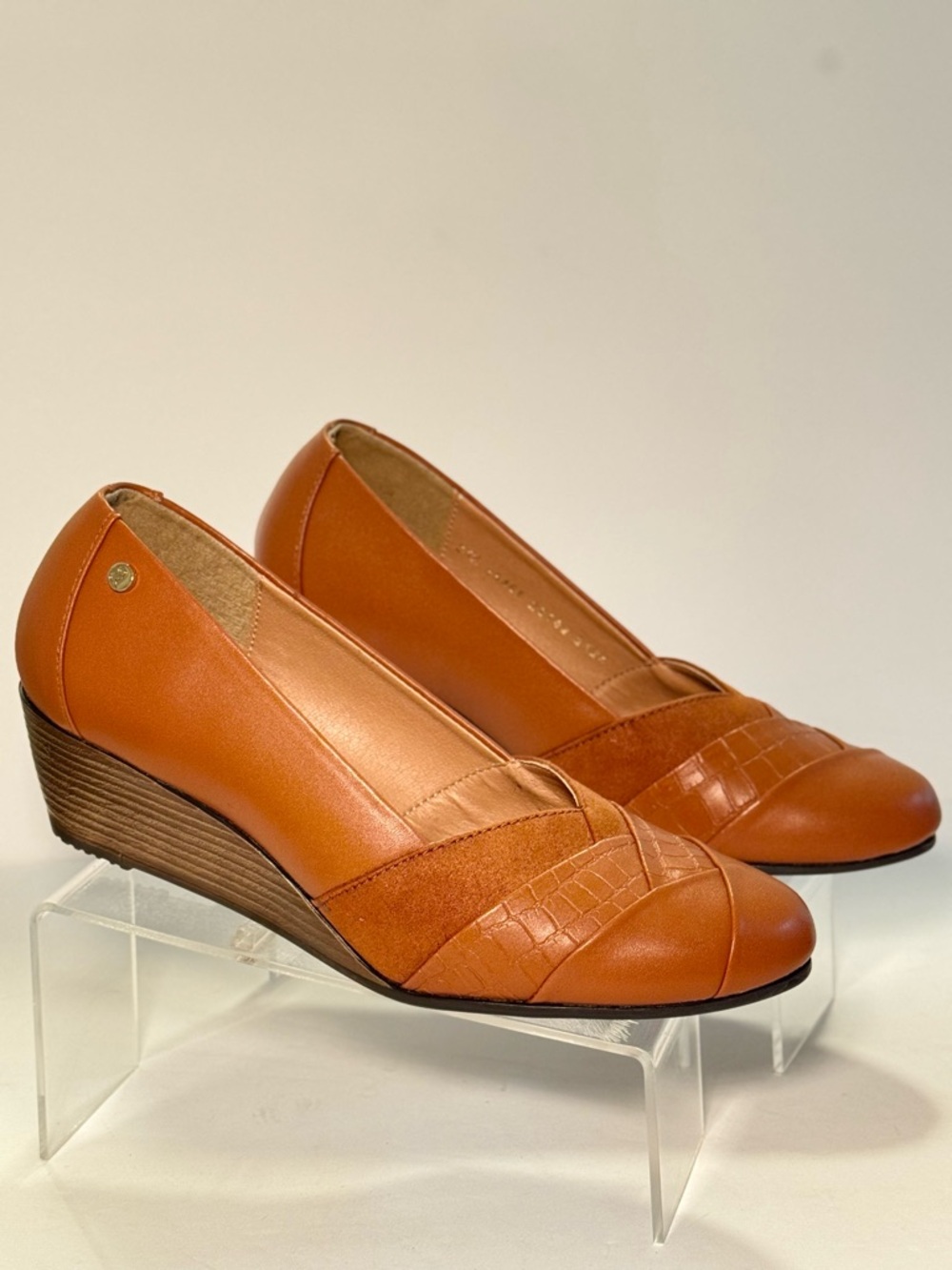 Women's Tan Wedge Loafers - Smooth & Croc-Textured Upper
